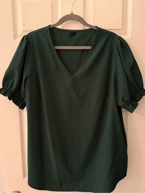 Women’s V-Neck Puff Sleeve Blouse - Dark Green from SHEIN